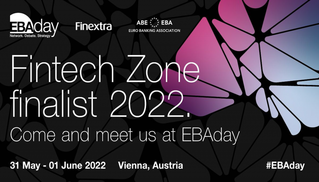 El texto sobre fondo negro y rosa dice 'Fintech Zone finalist 2022'