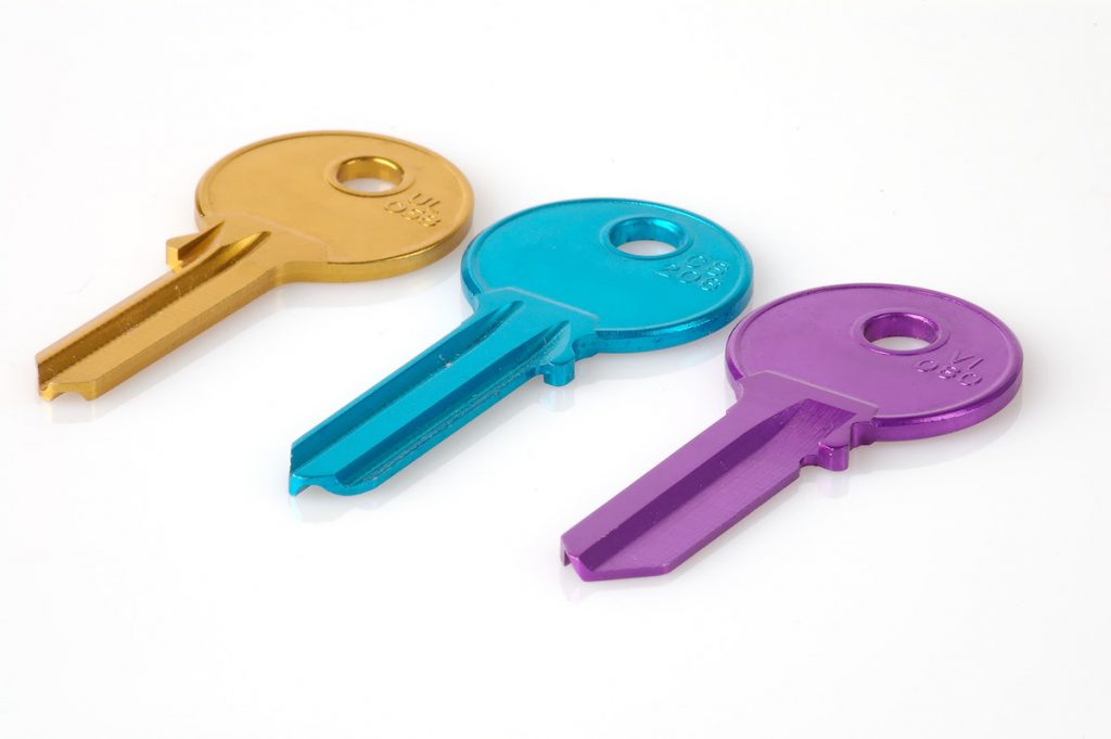 Three keys of different colours